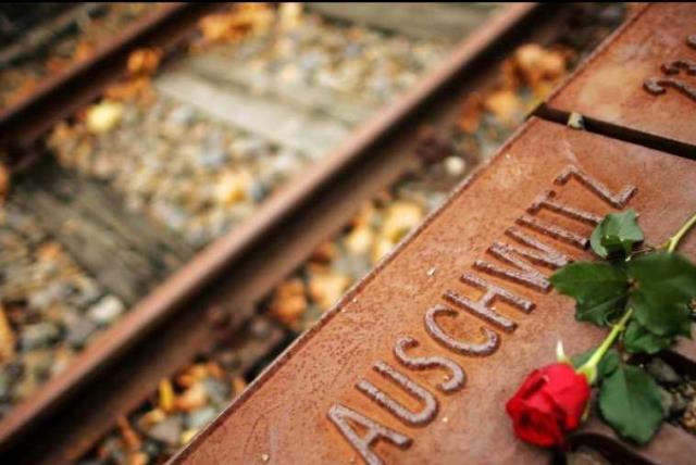 A red rose lies at Gleis 17 (platform 17) holocaust memorial at a former cargo railway station in Berlin-Grunewald (photo credit: REUTERS)