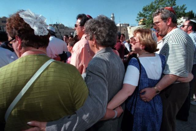 American Jews who are members of the Union for Reform Judaism, formerly the Union Of American Hebrew Congregations at the Western Wall in Jerusalem‏. (photo credit: REUTERS)