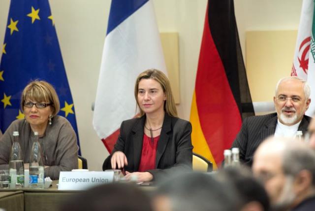 EU Political Director Helga Schmid (L), EU High Representative Federica Mogherini (C) and Iranian Foreign Minister Javad Zarif at nuclear talks in Lausanne March 31, 2015 (photo credit: REUTERS)