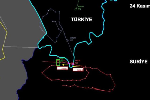 A radar picture shows activities of the downed Russian warplane on the Turkish-Syrian border, November 24, 2015 in this handout photo provided by Turkish Interior Ministry (photo credit: REUTERS)