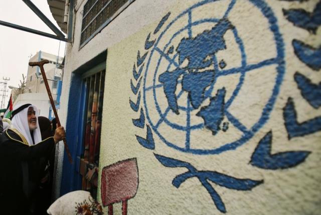 A Palestinian refugee knocks on the closed gate of the United Nations Relief and Works Agency (UNRWA) headquarters with his walking stick (photo credit: REUTERS)