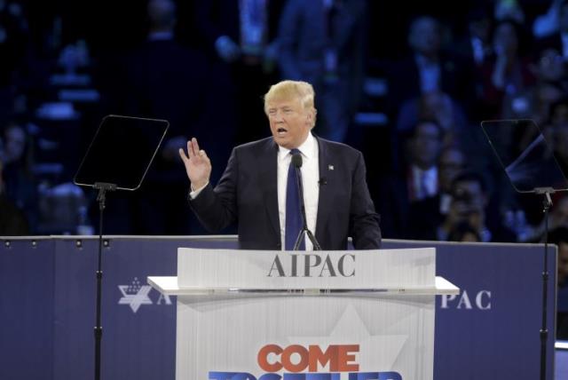 Republican US presidential candidate Donald Trump addresses the American Israel Public Affairs Committee (AIPAC) afternoon general session in Washington March 21, 2016. (photo credit: JOSHUA ROBERTS / REUTERS)