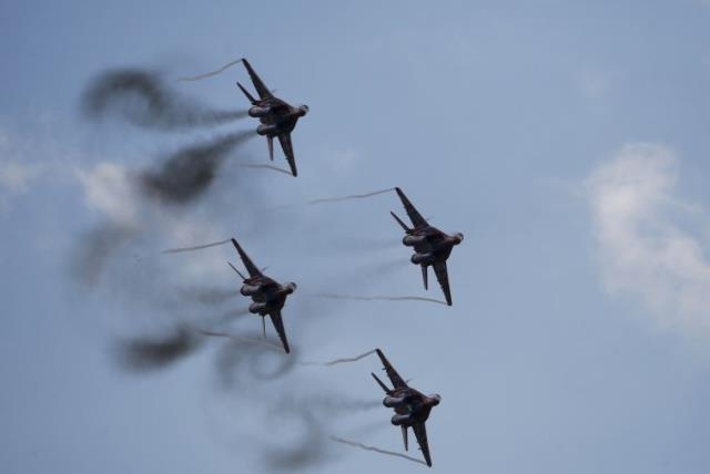 MiG-29 jet fighters of the Russian aerobatic team Strizhi (The Swifts) perform during the MAKS International Aviation and Space Salon in Zhukovsky outside Moscow, Russia, August 30, 2015 (photo credit: REUTERS)