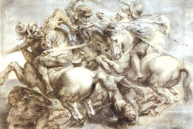 ‘The Battle of Anghiari.’ (photo credit: PETER PAUL RUBENS AFTER LEONARDO DA VINCI/WIKIMEDIA COMMONS)