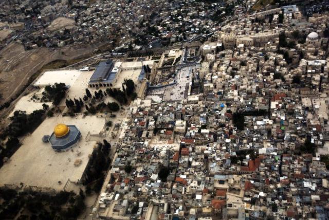 A general view shows Jerusalem's old city from an Israeli Air Force plane during an aerial show as part of celebrations for Israel's Independence Day to mark the 66th anniversary of the creation of the state, May 6, 2014 (photo credit: REUTERS)