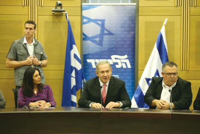 Culture Minister Miri Regev, Prime Minister Netanyahu and MK David Bitan in the Knesset in November (photo credit: MARC ISRAEL SELLEM)