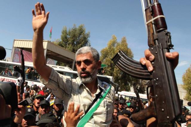 Yahya Sinwar arrives at the Rafah crossing between Egypt and Gaza on October 18, 2011, after being released by Israel as part of a prisoner swap for kidnapped soldier Gilad Schalit (photo credit: REUTERS)