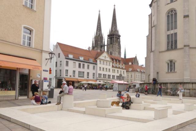 The modern memorial built over the remains of the 1519 destroyed synagogue in Regensburg’s Neupfarrplatz. The spires of the cathedral are seen in the background (photo credit: IRVING SPITZ)