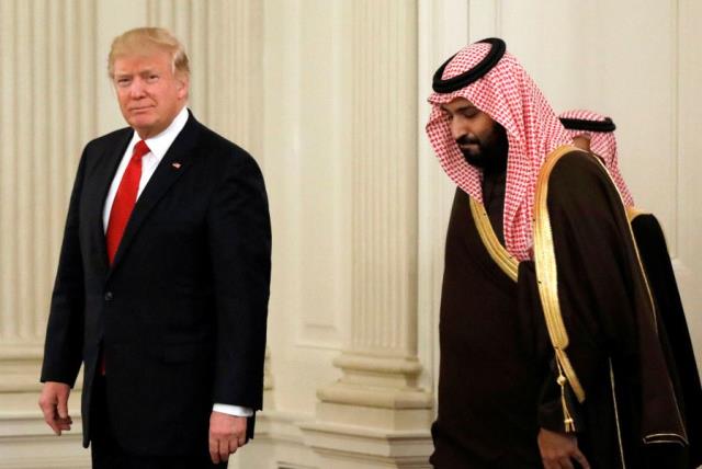 US President Donald Trump and Saudi Deputy Crown Prince and Minister of Defense Mohammed bin Salman enter the State Dining Room of the White House (photo credit: REUTERS)