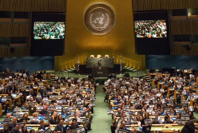 The United Nations GA filled with Israeli flags during anti-BDS summit (photo credit: SHAHAR AZRAN)