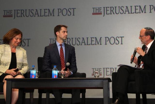 Republican Senator Deb Fischer (left) and Senator Tom Cotton, a Republican from Arkansas at The Jerusalem Post's annual conference in New York (photo credit: SIVAN FARAG)