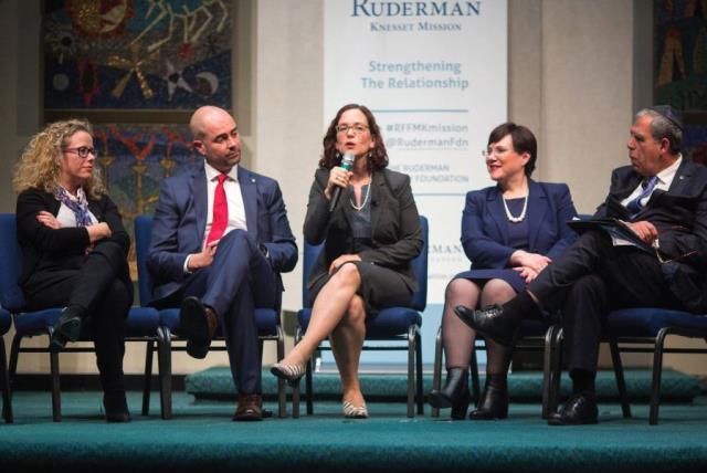 THE FOUNDATION’S 2017 delegation at a town hall meeting in Boston. From left to right: Ayelet Nahmias-Verbin, Amir Ohana, Rachel Azaria, Tali Ploskov and Mickey Levy (photo credit: ERIC HAYNES)