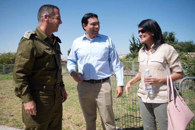 US Ambassador to the UN Nikki Haley in Israeli with Israel's Ambassador to the UN Danny Dannon and IDF Maj.-Gen. Aviv Kochavi (photo credit: IDF SPOKESMAN’S UNIT)