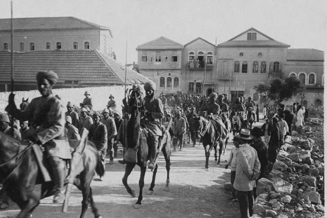 Indian Lancers guarding Turkish prisoners in Jerusalem in December 1917 (photo credit: LIBRARY OF CONGRESS)