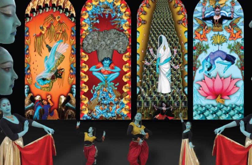 The artist's cathedral-scale panels, ‘The Four Mothers who Entered Pardes,’ are largely influenced by Jewish and Hindu theology (photo credit: SIONA BENJAMIN)