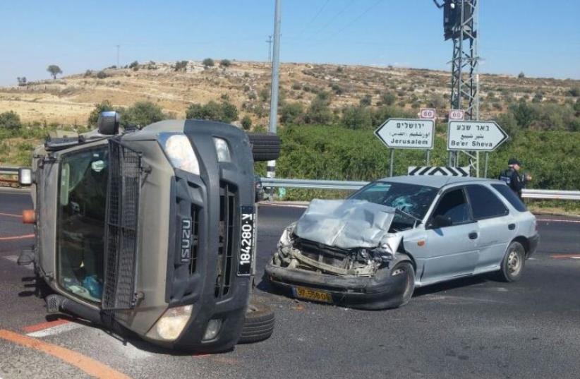 Suspected car-ramming attack near Neve Daniel in the West Bank, July 6, 2016 (photo credit: POLICE SPOKESPERSON'S UNIT)