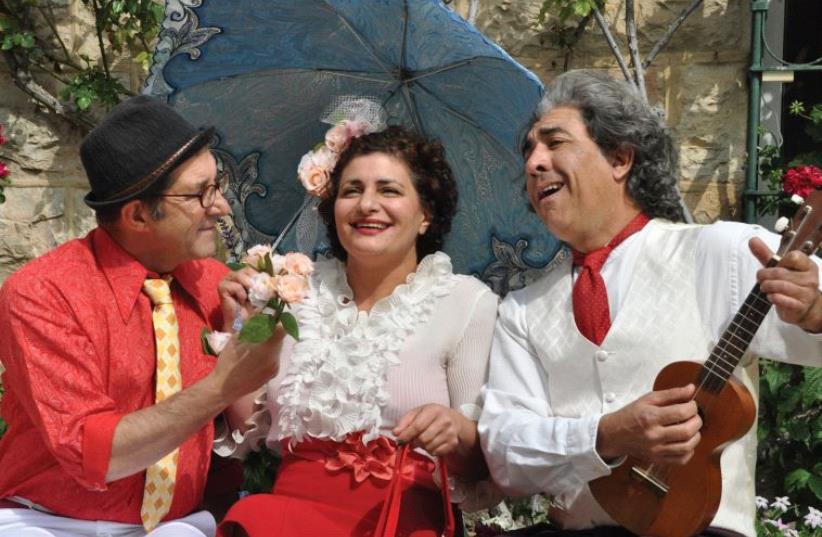 (From left) Jack Shvili, Limor Eshayek and Avraham Cohen perform in ‘Queen of the Neighborhood: Love in Yemin Moshe.’ (photo credit: SADAN PRODUCTIONS)