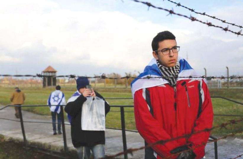 The writer’s son looks out of Birkenau towards the train tracks, where his grandfather had been a prisoner (photo credit: GLOBAL IMAGE/GI-SITE.COM)