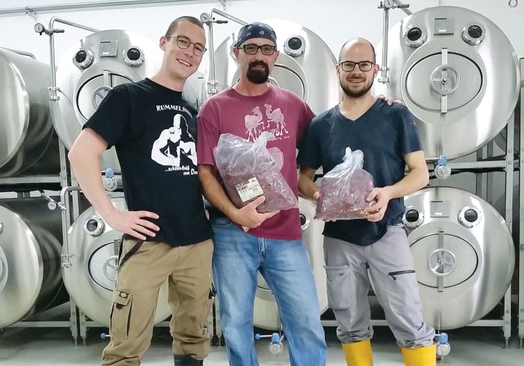 Cohen (center) in the Bier Fabrik Brewery in Berlin, with Sebastian Mergel (left) and Andre Schabrackentapir (right). They are holding bags of Israeli chili peppers used to brew the ‘Gates of Helles’ collaboration beer