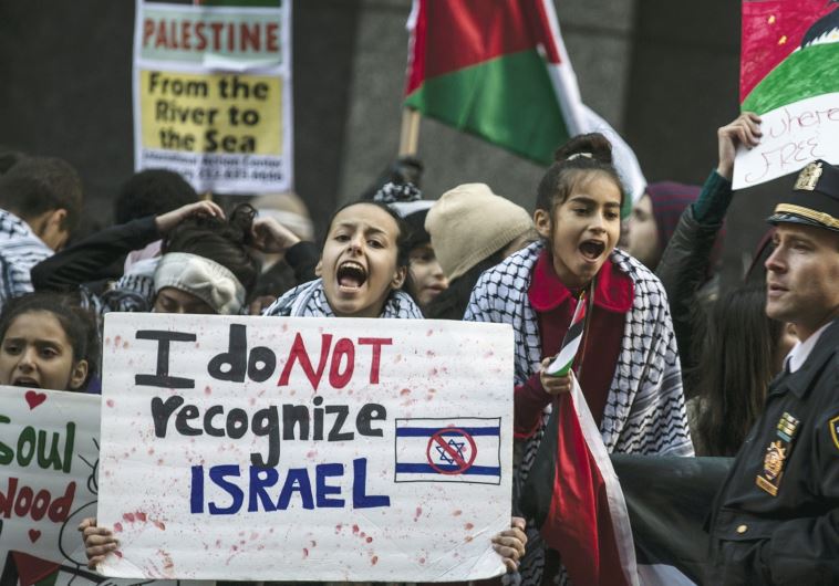 A demonstrator chants slogans during a pro-Palestinian protest in Times Square, in Manhattan (credit: CARLO ALLEGRI/REUTERS)